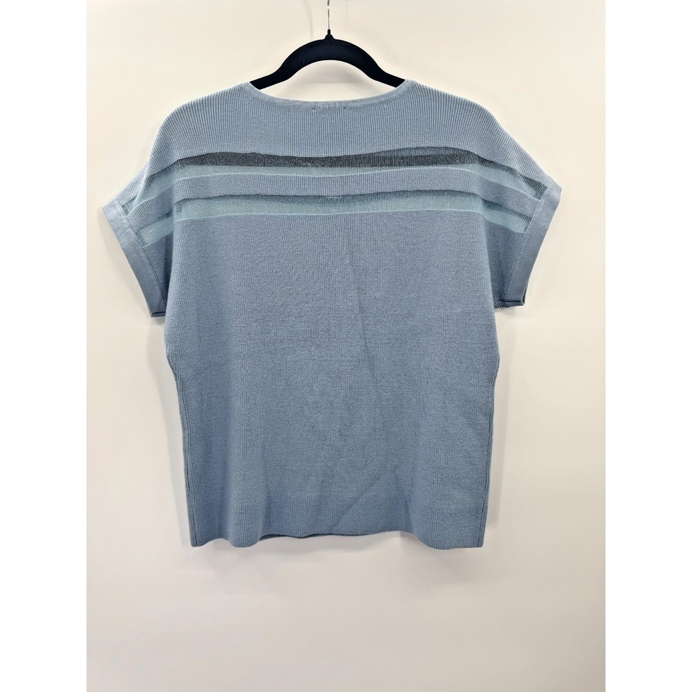 Sioni Blue Short Sleeve Knit Sweater Medium Stretch Sheer Mesh Inlay Cottagecore - Picture 7 of 12